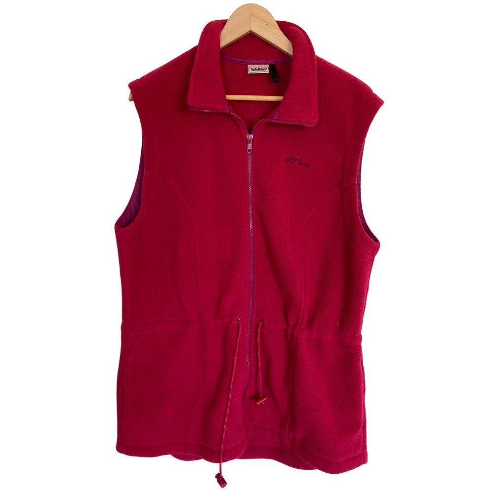 VTG LL Bean Womens Full Zip Fleece Vest Pink Adj Waist Pockets M Cursive Logo